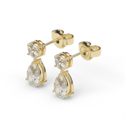 Yellow Gold Round And Pear Shaped Diamond Drop Earrings With Prong Setting